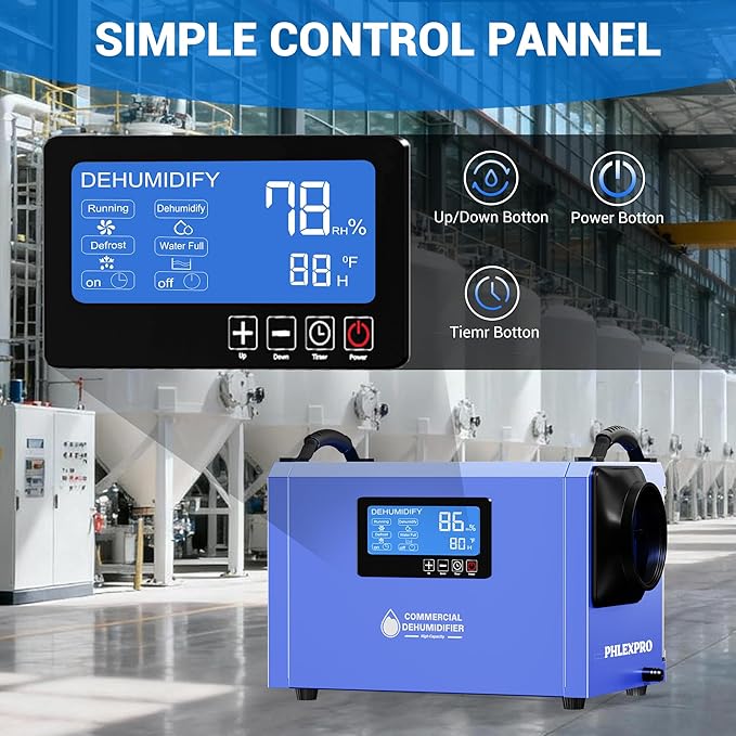 145 Pint Commercial Dehumidifier with Drain Hose for Crawl Spaces, Basements, Industry Water Damage Unit Restoration for up to 6000 Sq.Ft, Auto Defrost, Memory Starting, Blue(Gift Directional Wheels)