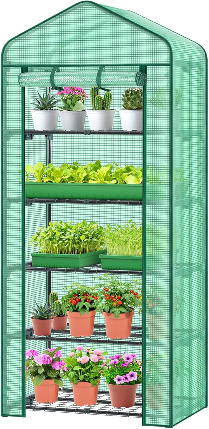 Mini Greenhouse for Indoor Outdoor: Ohuhu 23 x 19 x 75-Inch Small Plastic Plant Green House 5-Tier Rack Stand Portable Greenhouses with Durable PE Cover for Seedling, Ideal Gardening Gifts
