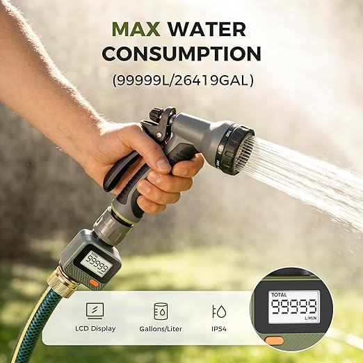Diivoo Water Flow Meter with 180° Removable Panel, 4 Measure Modes, ±5% High Accuracy and IP54, Measure Gallon/Liter Consumption and Flow Rate for Outdoor Garden Hose Watering, RV Water Tank Filling