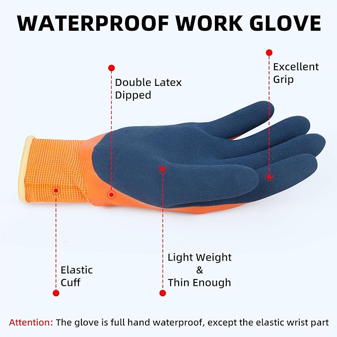 Waterproof Work Gloves for Men and Women, Hycool Thermal Insulated Freezer Rubber Coated Gloves,Super Grip L6201