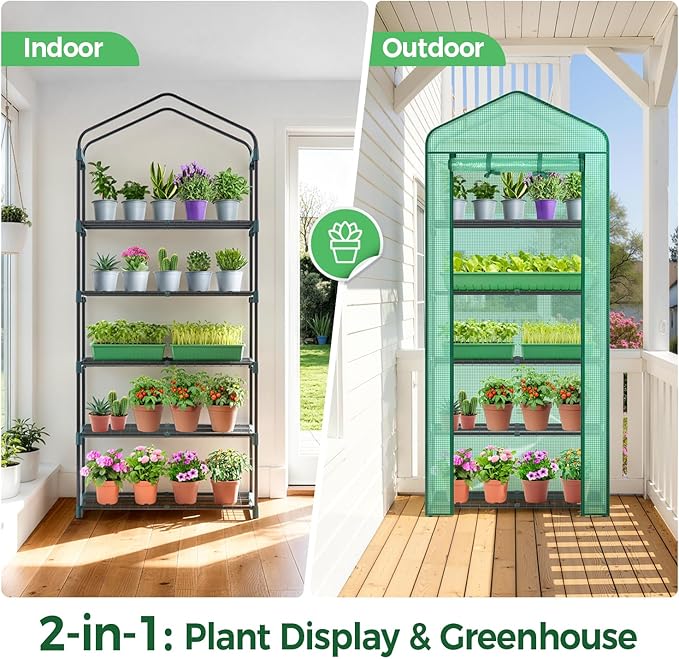 Mini Greenhouse for Indoor Outdoor: Ohuhu 23 x 19 x 75-Inch Small Plastic Plant Green House 5-Tier Rack Stand Portable Greenhouses with Durable PE Cover for Seedling, Ideal Gardening Gifts