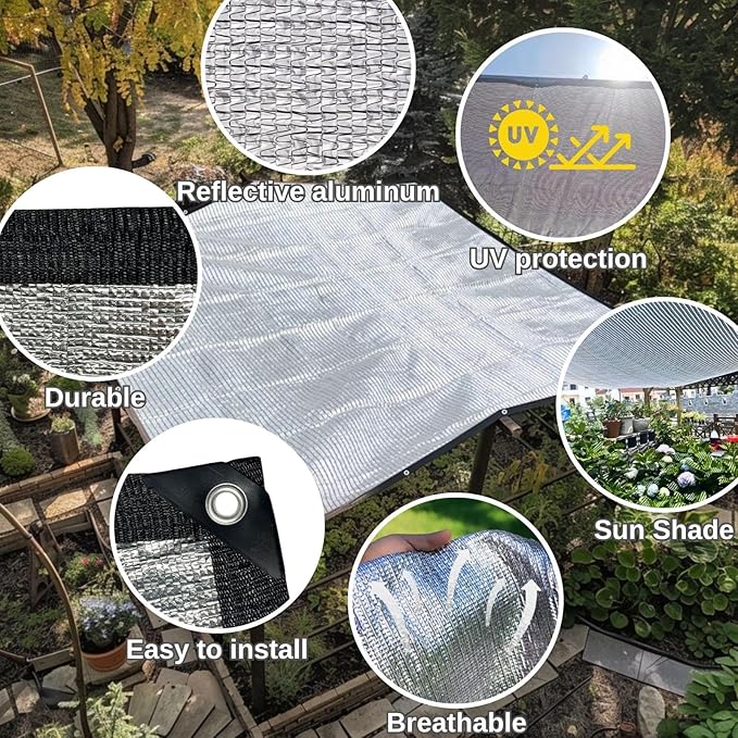 BeGrit Aluminet Shade Cloth 95%-99% Aluminum Shade Cloth Sun Reflective Tarp for Garden, Patio, Greenhouse, Pergola, Car, Kennel Shade 10x16.6ft