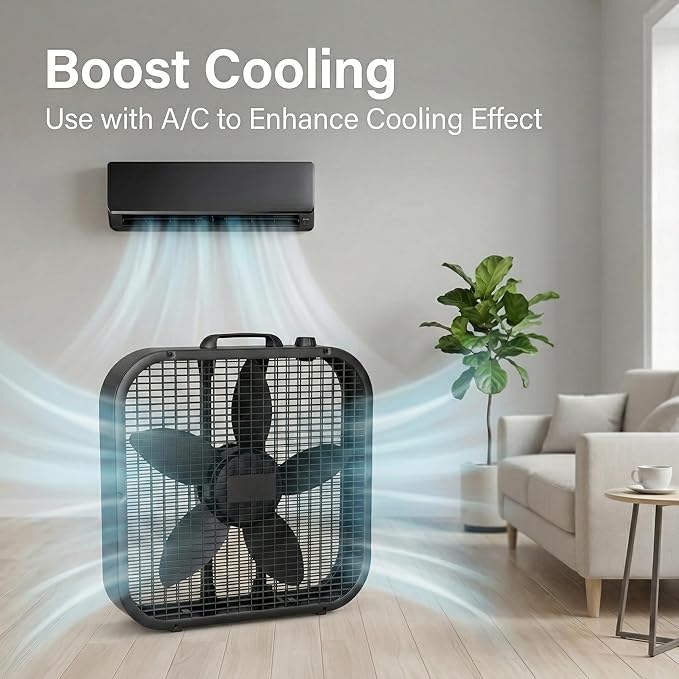 20-Inch Box Fan with Weather-Resistant Motor, 3-Speed Floor and Window Cooling Fan with Plastic Frame, Portable Carry Handle, 72-Inch Cord for Bedroom, Garage, Dorm, Black