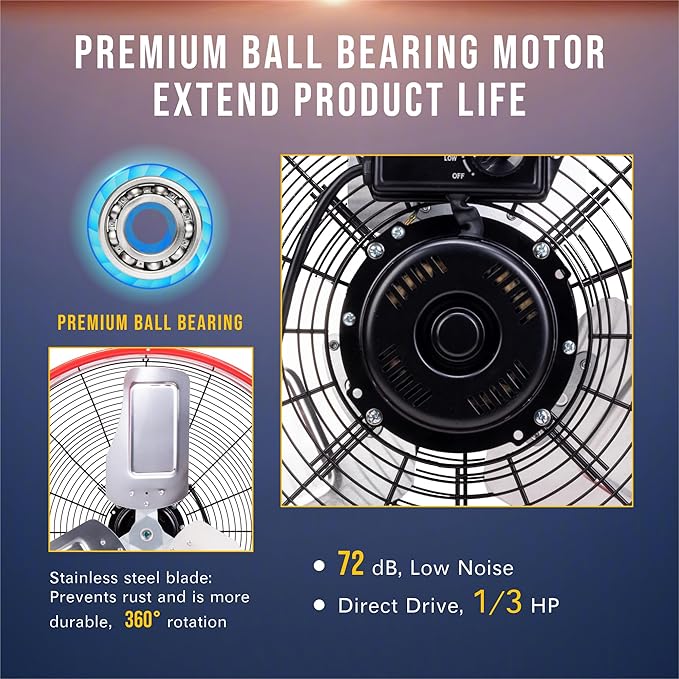 Tornado 24 Inch High Velocity Drum Fan, 8800 CFM Heavy Duty Industrial Floor Fan, 3-Speed Tilt Adjustable Metal Blades, Wide Airflow, 8 FT Cord, UL Listed for Commercial Use