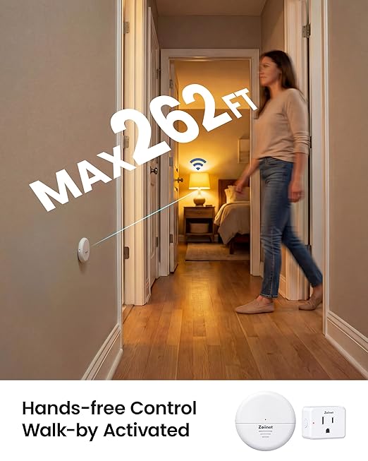 Zoiinet Wireless Motion Sensor Outlet, 15A/1500W, Adjustable Sensing Mode, 260FT Wireless Light Switch Transmitter, No Wiring, Long Time Delay, for Household Appliances