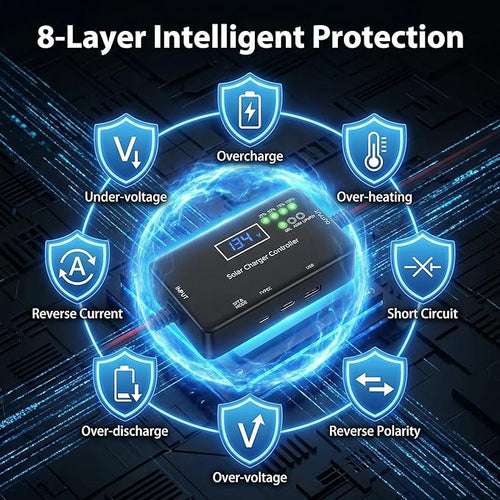 12V 20A PWM Solar Charge Controller with Type-C/USB Output, Compatible with LiFePO4/AGM/Gel Batteries, Zero Drain Tech, Overload & Overheating Protection for Solar Power System