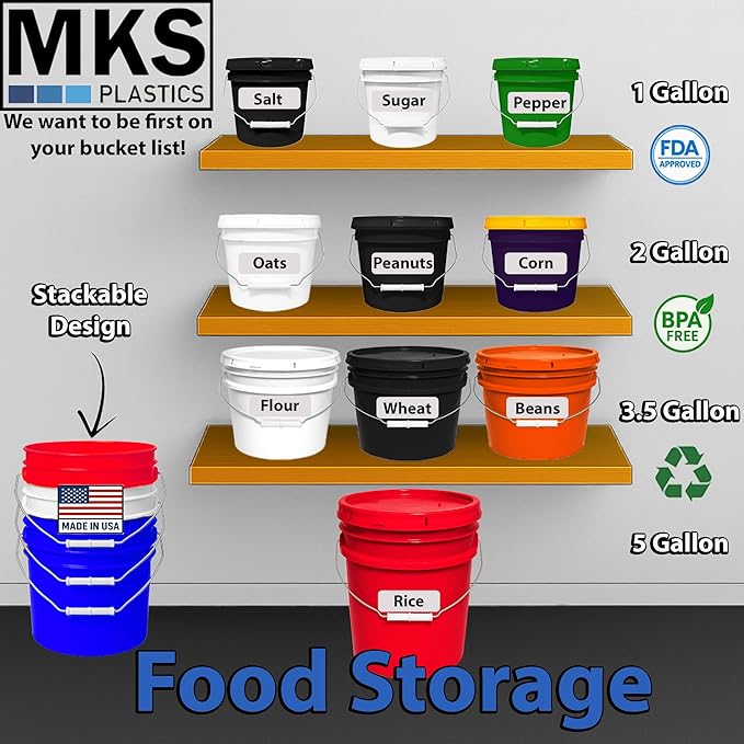 MKS Plastics 5-Gallon Bucket with Airtight Lid – Made in USA, Food Grade BPA Free Plastic, Heavy Duty Multi-Use, Metal Handle with Grip, Stackable Storage – Red, 1 Pack