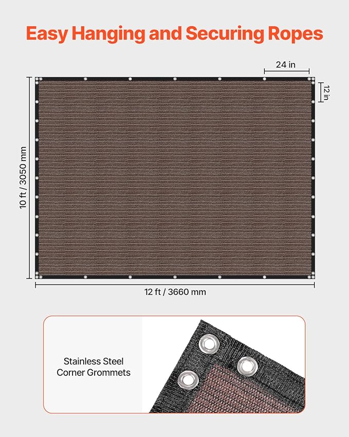 VEVOR 90% Sun Shade Cloth, 10 x 12 ft Pergola Shade Cover with Stainless Steel Grommets, Sun Shades Canopy Privacy Screen with 140 GSM HDPE Material, for Outdoor, Patio, Garden, and Backyard (Brown)