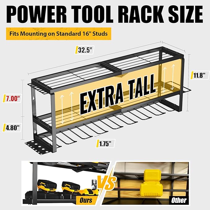 MOOMSINE Large Power Tool Organizer Wall Mount, Heavy Duty Metal Tool Storage Rack Loads 320lbs, 8 Cordless Drill Holder 3 Layer for Garage, Workshop, Tool Room, Gift for Men