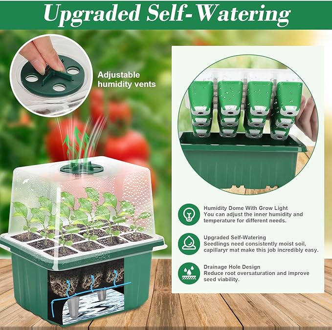 Mckanti 4 Set Self-Watering Seed Starter Tray Kits with Grow Light, Reusable Seed Germination Kit with Adjustable Humidity Domes and Silicone Cell Base Tray for Indoor Plant Seed Germination