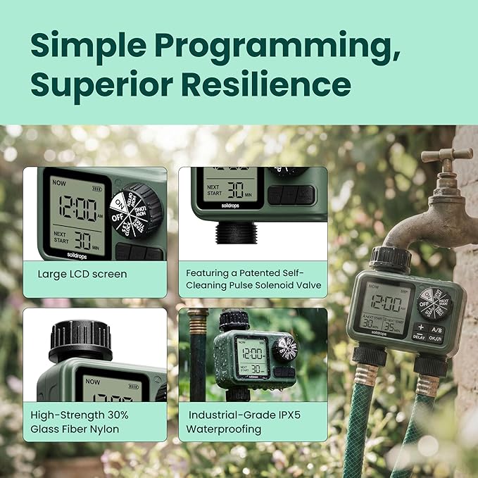 Sprinkler Timer for Garden Hose, Programmable 1 or 2 Outlet Controller with Self-Cleaning Valve, 15-Day Frequency, Large Dial, Rain Delay & Auto-Off, IPX5