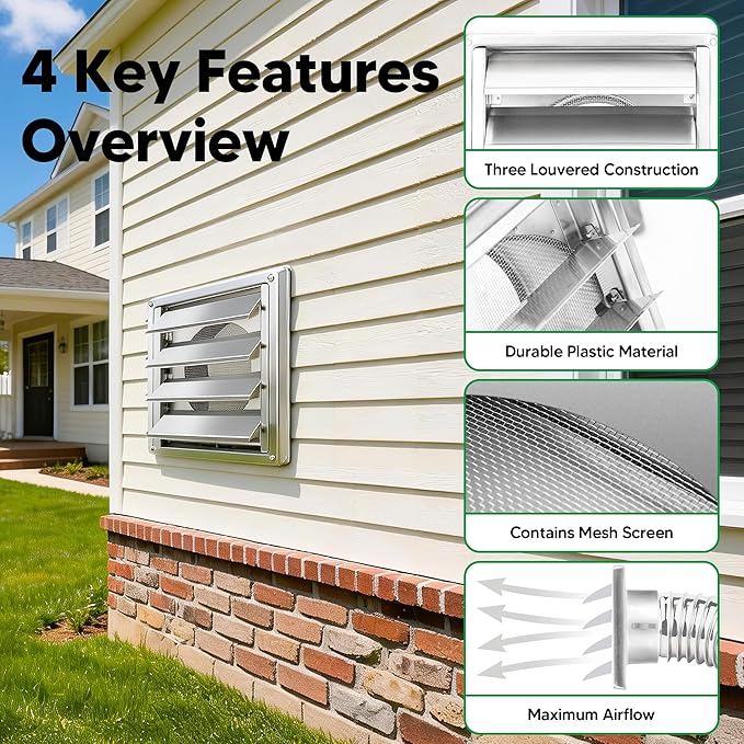 Funmit 5'' Metal Dryer Vent Cover with Fine Mesh Screen, 7" x 7" Stainless Steel Exterior Exhaust Louvered Outdoor Vent Cover Includes 4 Screw for Easy Installation