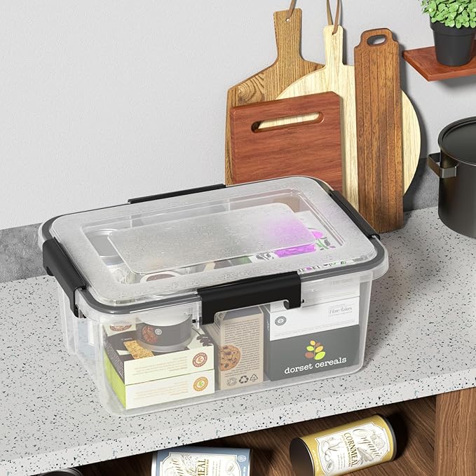 6-Pack 12 Qt Plastic Storage Box with Gasket Seal Lid, Durable Moving Containers with Tight Latch, Weather Proof Tote Bin, Clear/Black