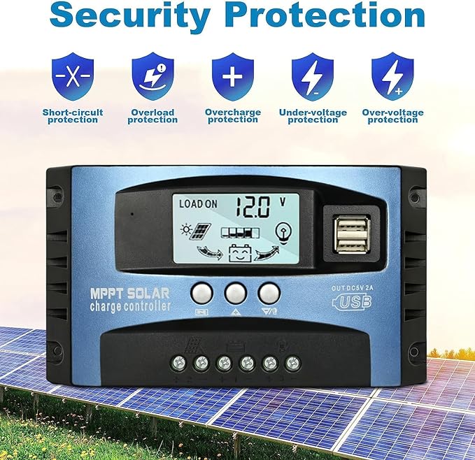 100A MPPT Solar Charge Controller, 12V/ 24V Solar Panel Battery Intelligent Regulator with Dual USB Port, LCD Display and Timer Setting ON/Off Hours