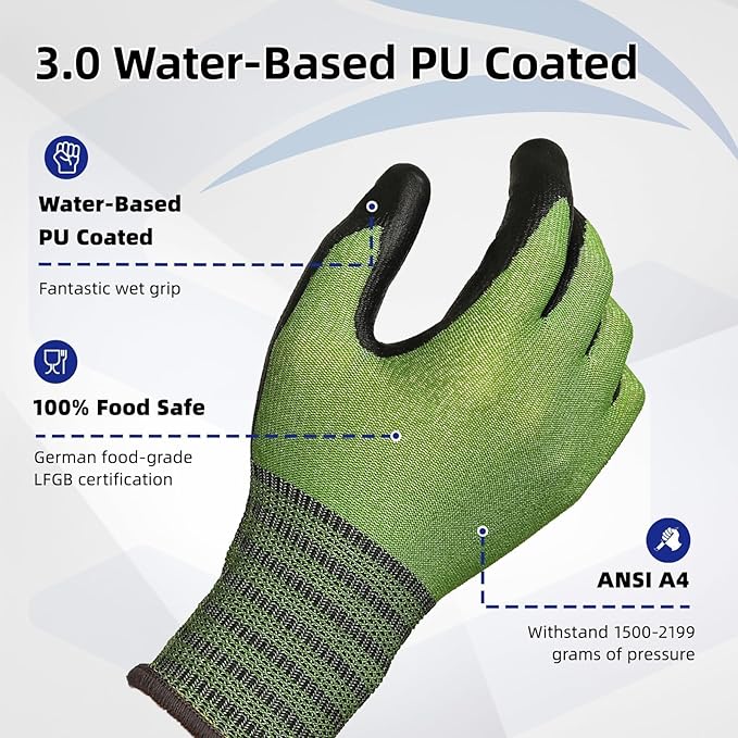 Schwer 6 Pairs A4 AIR-SKIN Cut Resistant Work Gloves AR5907 with Extreme Lightweight & Thin, Food Grade Gloves with Water-Based PU Coating, Grip Glove for Fishing, Gardening, Touchscreen, S