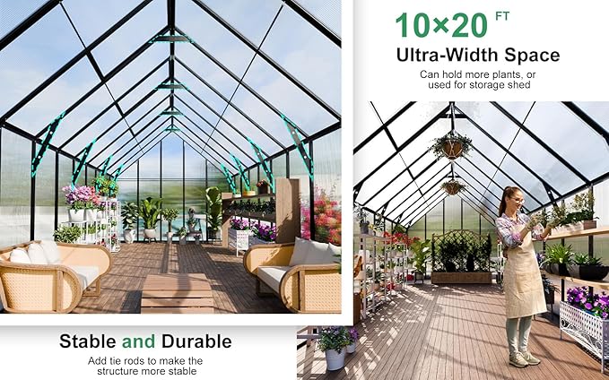 CDCASA 10x20 FT Greenhouse for Outdoors, Large Easy Assembly Polycarbonate Greenhouse Thicker Aluminum Greenhouses w/4 Vents Windows, Swing Door, Ouside Walk-in Green House for Backyard,Garden