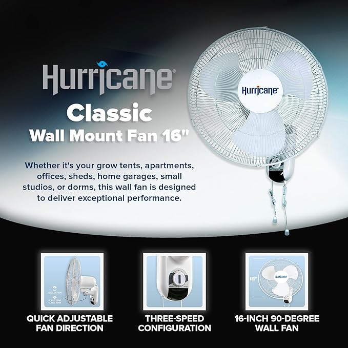 Hurricane Classic Oscillating Wall Mount Fan w/ 3 Quite Speeds, White, 16" - Corded Electric Air Cooling Unit w/ Easy Pull Cord Controls for Home, Grow Tents, Offices, Sheds, Studios, Garages & Dorms