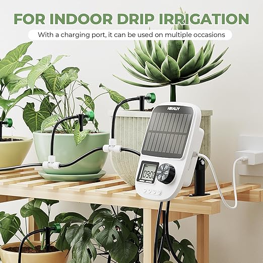 HIRALIY Solar Automatic Drip Irrigation System, Solar Powered Watering Device with Timer for Pots Plants, Pressure Balanced Drippers, with USB Port, for Indoor Irrigation Kit, Includes Battery