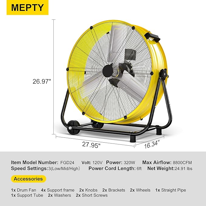 MEPTY 24-Inch Industrial Drum Fan, 8800 CFM High Velocity Floor Fan, 3-Speed Heavy Duty Metal Air Circulator for Shop, Warehouse, Workshop, Garage, Factory,320W