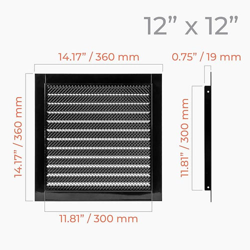 12" x 12" Inch Black Galvanized Steel Vent Cover - Square Industrial Air Vent Louver for Wall, House, Garage - Wire Screen Mesh Louver Grille - Soffit Exhaust Vent, Dryer Vent Cover