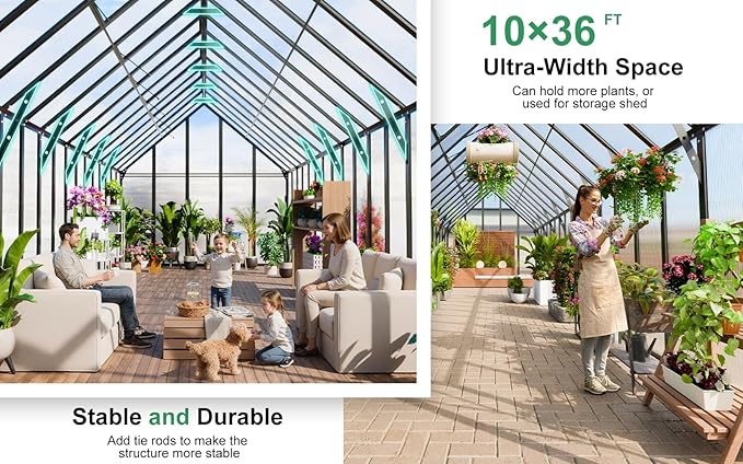 CDCASA 36x10x10 FT Greenhouse for Outdoors, Easy Assembly Large Thicker Aluminum Heavy Duty Polycarbonate Greenhouses Kit w/8 Windows, Outside Sunroom Walk-in Green House for Patio,Backyard