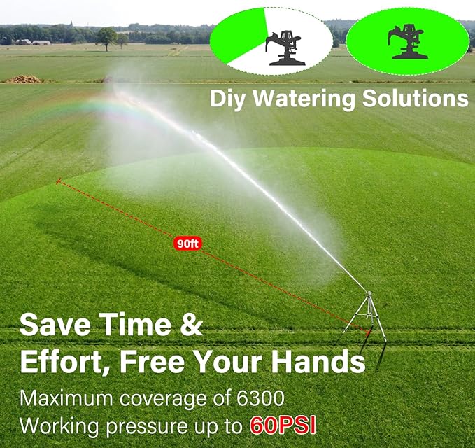 Heavy Duty Impact Sprinkler on Tripod Base,50 Inch Tripod Sprinkler with Brass Nozzle for Yard Large Area,Extra Tall 360 Degree Rotating,Waters Up to 90 Ft,Legs Extend Up to 50"
