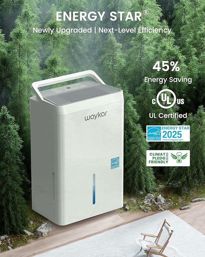 Waykar 6000 Sq.Ft Energy Star Dehumidifier for Basement & Home, 120 Pint/Day with Drain Hose & Tank, Ultra Quiet (40 dB), Smart Auto Comfort Mode