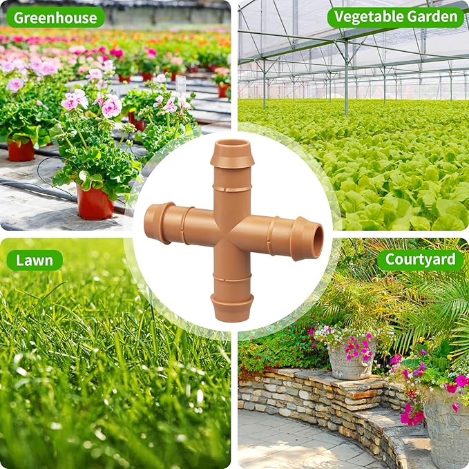 Drip Irrigation Parts Cross Connector 1/2", 12 Pack Drip Irrigation Fittings Four Way Tee Connectors for 1/2 inch Hose Tubing, Barbed Drip Line Parts 4-Way Couplers for Patio Lawn Garden