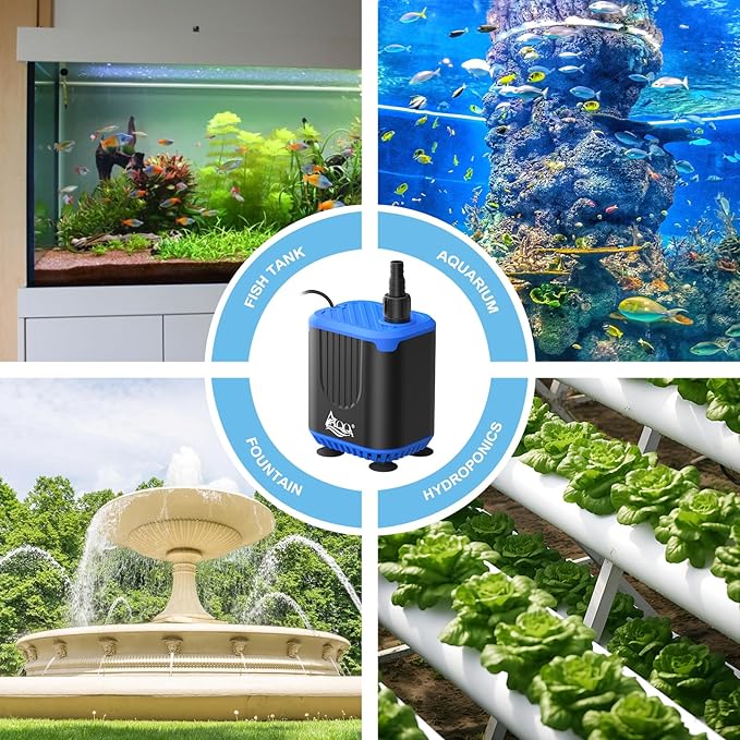 AQQA DC Aquarium Water Pump with Controller,4 Flow Adjustable,Feed Mode,IP68 Submersible Quiet Fish Tank Pump,3 Nozzles for Pond Fountain Statuary Hydroponics Freshwater Saltwater 20W 110V-240V