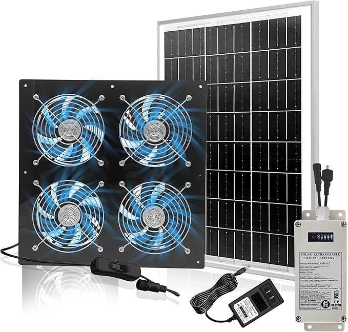 HNRLOY Solar Exhaust Fan for Greenhouse, Solar Chicken Coop Fan with 25W Solar Panel & 4 Pcs High-Speed Brushless DC Ventilation Fans for Shed,Attics,Barns,Dog Houses with 6000mAh Battery