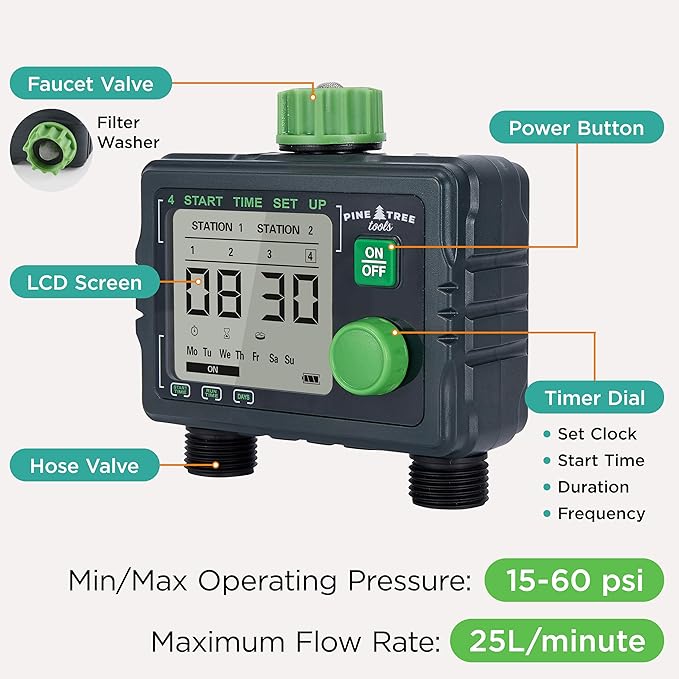 Pine Tree Tools Hose Timer - Programmable Water Timer for Garden, Automatic & Manual Watering System, Outdoor Faucet for Lawn, Garden & Yard, Battery Operated, 2 Outlet Hose Watering