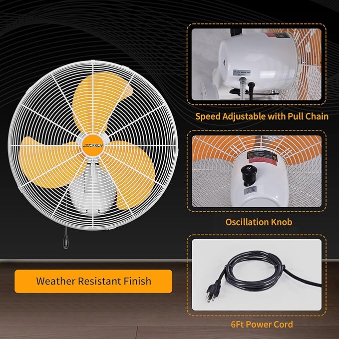 18 inch Outdoor Oscillating Wall Mounted Fan, High Velocity IPX4 Waterproof 4750 CFM Industrial Metal Wall Fan, 3 Speed, Adjustable Tilt, for Greenhouse, Patio, Garage, Workshop