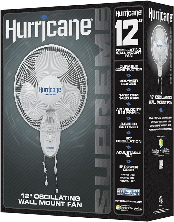 Hurricane Supreme 12” Portable Oscillating Wall Mount Fan, Space Saving, Powerful, and Quiet 3 Speed Airflow, Adjustable Tilt for Home and Workshop
