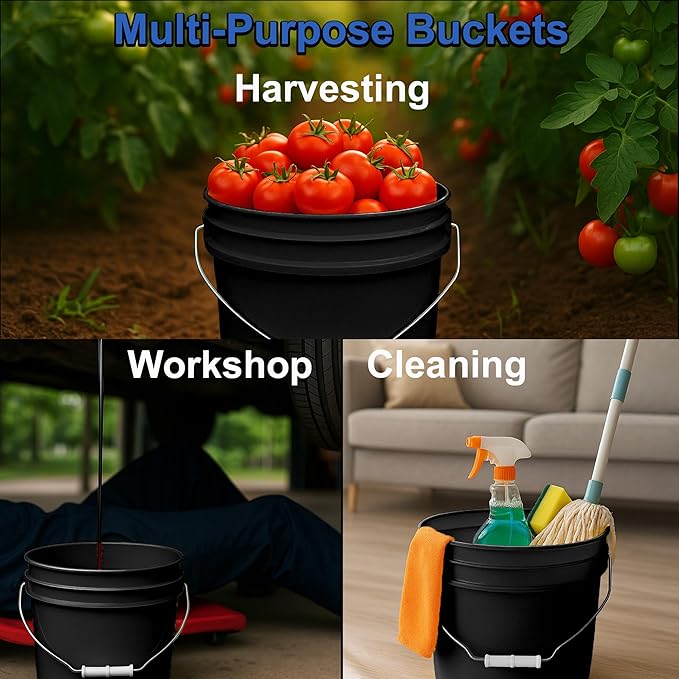 MKS Plastics 2-Gallon Bucket with Airtight Lid – Made in USA, Food Grade BPA Free Plastic, Heavy Duty Multi-Use, Metal Handle with Grip, Stackable Storage – - Black, 1 Pack