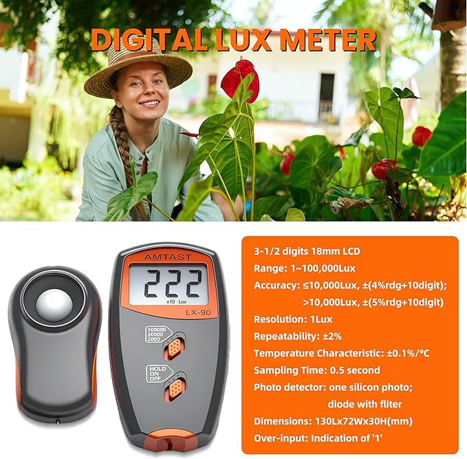 Digital LUX Meter Digital Indicator UV Meter Light Meter with LCD Display Luxmeter for 0-100,000 Lux Range High Ambient Light Meter with Backlight (Model LX-90)