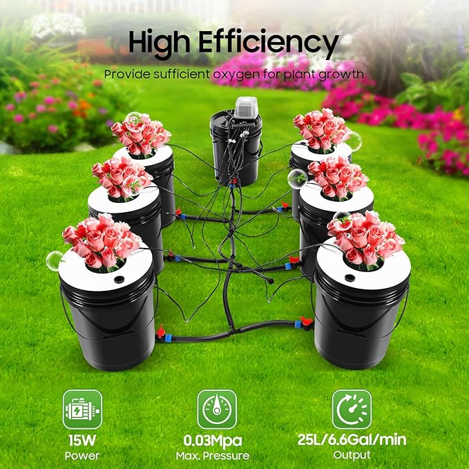 6 Bucket Hydroponic System Kit, Dwc Hydroponic System Kit with Drip Irrigation, 5.28Gal Capacity, 6.6Gal/Min Air Pump, Includes Air Pump Ideal for Vegetables and Indoor Growing