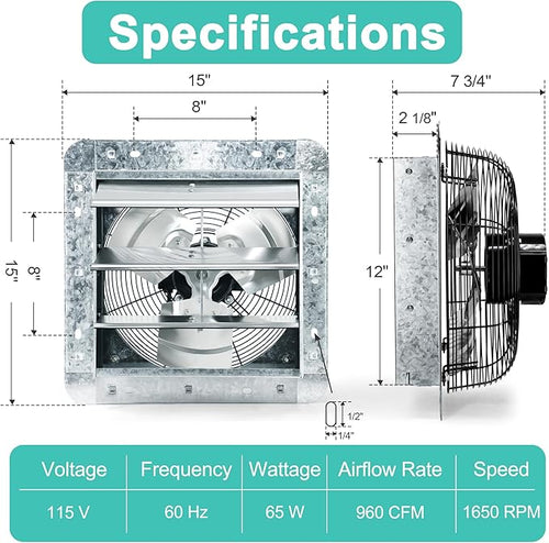12 Inch Shutter Exhaust Fan with Thermostat and Speed Controller, Wall Mounted Vent Fan for Attic, Greenhouse, Shed, Garage, Chicken Coop, Shop Ventilation, 960 CFM, 1400 SQF Coverage Area