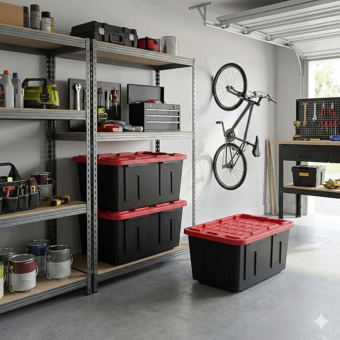 27 Gallon Heavy Duty Storage Bins with Lids – Stackable Industrial Plastic Totes for Garage Organization, Moving, and Attic Storage – Lockable Snap-Fit Container, Black/Red (2 Pack)