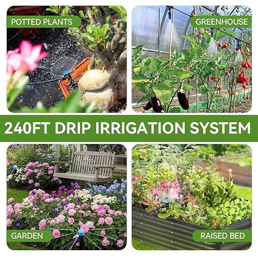 240FT Drip Irrigation System Kits, Quick Connect Automatic Garden Watering System for Raised Bed, Potted Plants, Lawn, Greenhouse with 1/2 inch Hose 1/4 inch Tubing and Accessories