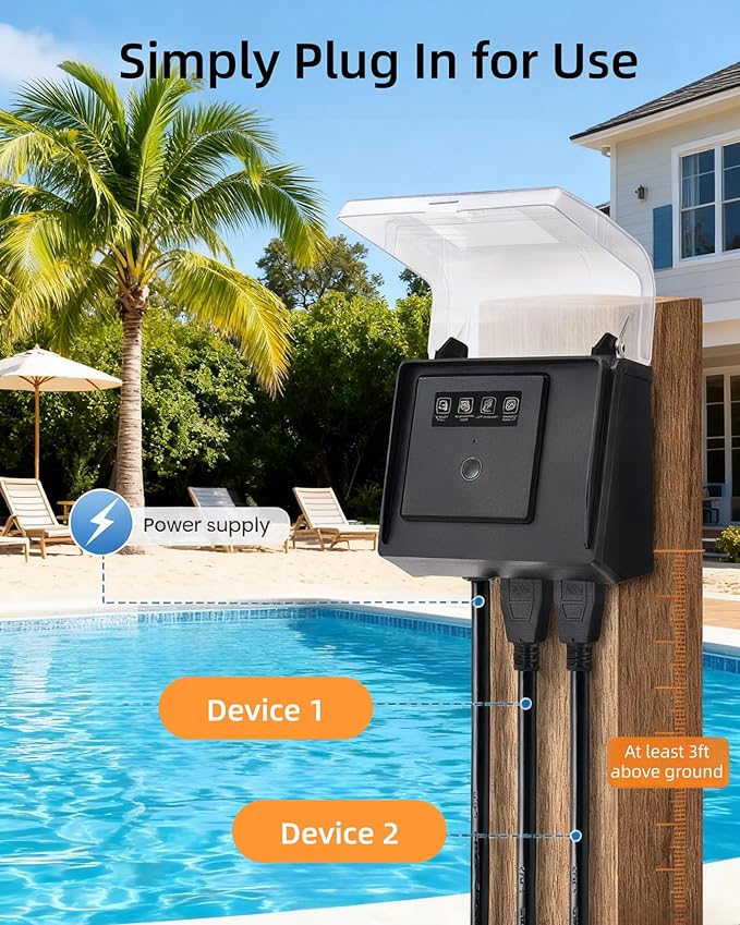 WiFi Pool Pump Timer Outlet, 15A 125V 1HP,NEMA 5-15R Plug-in Timer, Outdoor& Indoor use,with Weatherproof Cover, for Pool Pump, Water Heater, Pool Filter, Landscape Lights