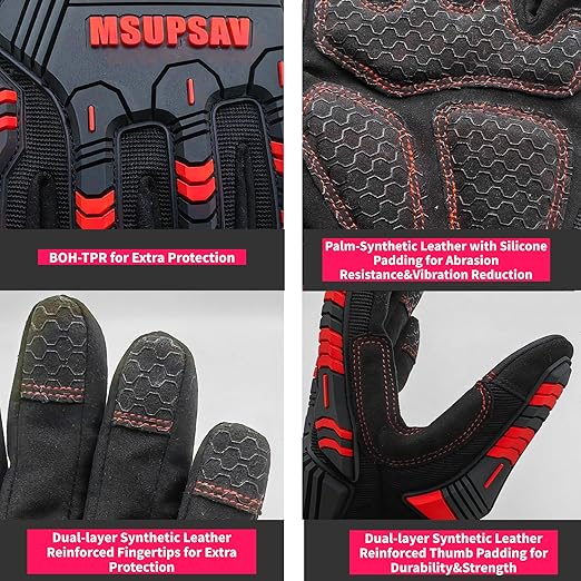 Work Gloves with Secure Fit,Working Glove with Impact Protection and Vibration Absorption,Safety for Men,Extra Large,Red+Black