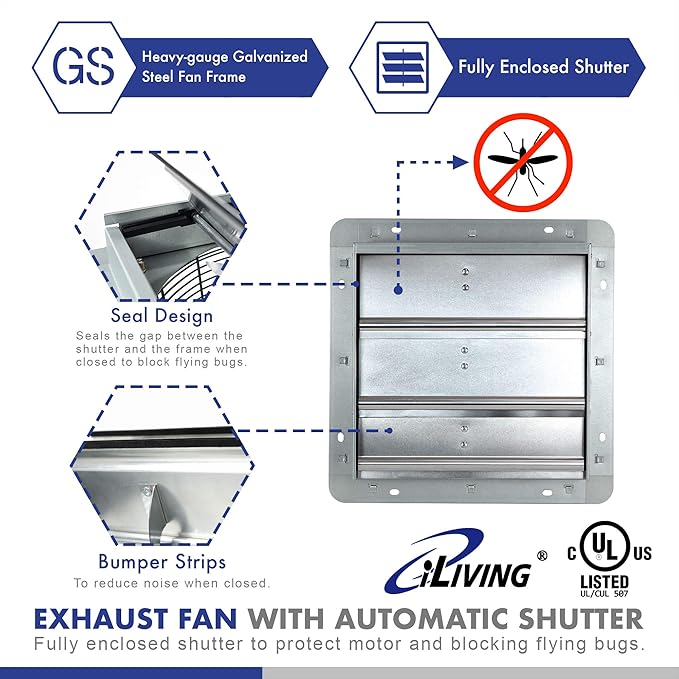 iLiving ILG8SF10V - 10" Wall Mounted Exhaust Fan - Automatic Shutter - Variable Speed - Vent Fan For Home Attic, Shed, or Garage Ventilation, 820 CFM, 1200 SQF Coverage Area (Power Cord Not Included)