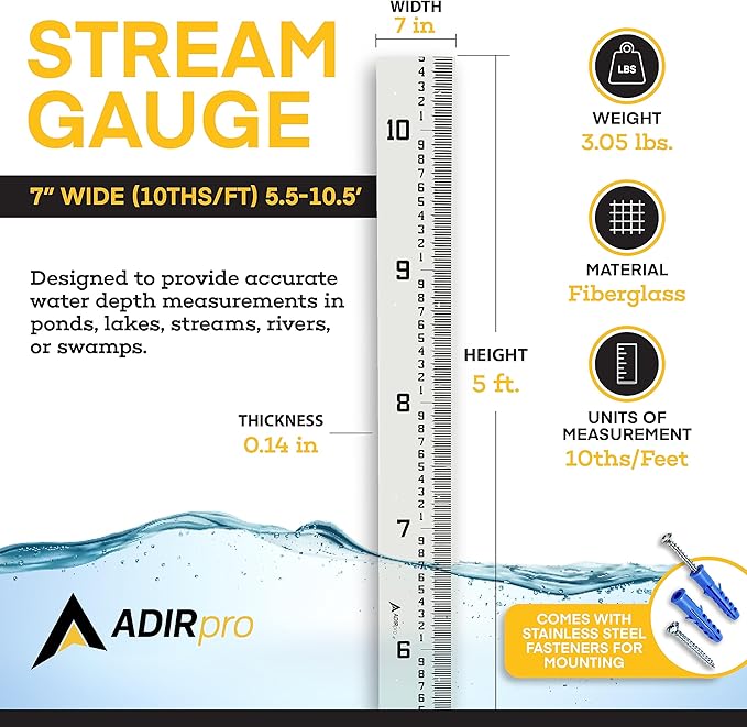 AdirPro 7" Wide Stream Gauge - Heavy Duty Staff - All Weather Measuring - Water Depth - Flow Meters 5.5' - 10.5' (100ths/10ths/feet)