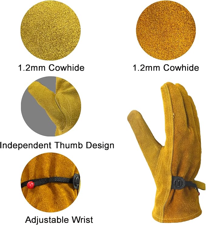Leather Work Gloves for Men Women with Cotton Lining, Large Thorn Proof Cactus Gardening Yard Work Gloves for Rose Pruning, Heavy Duty TIG/MIG Welding, Construction, Large