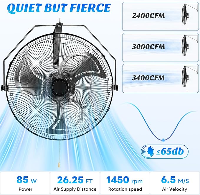 OLIXIS 20 Inch Wall Mount Fan, 3400 CFM, 3-Speed High Velocity Fan, Vertical & Horizontal Adjustable Tilt for Industrial, Commercial, Warehouse, Greenhouse, Black