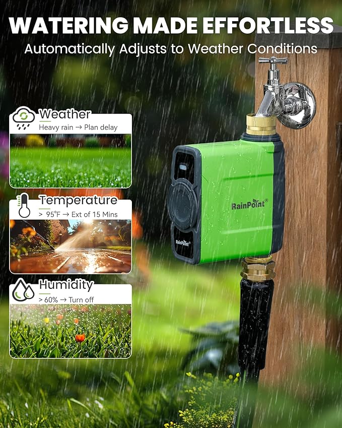 RAINPOINT WiFi Water Timer for Garden Hose, WiFi Sprinkler Controller, Smart Hose Timer Valve, Automatic Drip Irrigation System/Rain Delay for Garden/Lawn/Yard (Brass Inlet & Outlet, WiFi Gateway)