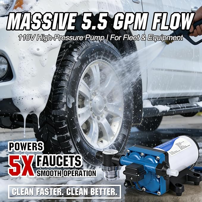 DC HOUSE 110V RV Camper Water Diaphragm Pump with Power Plug, 42-Series 5.5GPM 70PSI High Pressure, On Demand Self Priming Booster Pump for Kitchen, Bathroom, Garden Hose, Rain Barrel & Marine Use
