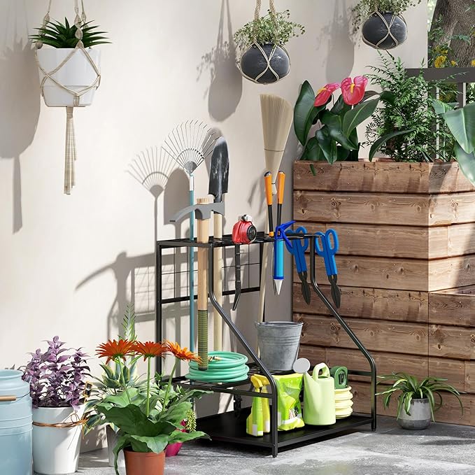 Outsunny Garden Tool Organizer for Garage, 3-Tier Yard Tool Storage Rack with Hooks for Long-Handled, Broom, Shovel, Rake, Metal Garden Tool Storage for Shed, Yard, Garage, Orange