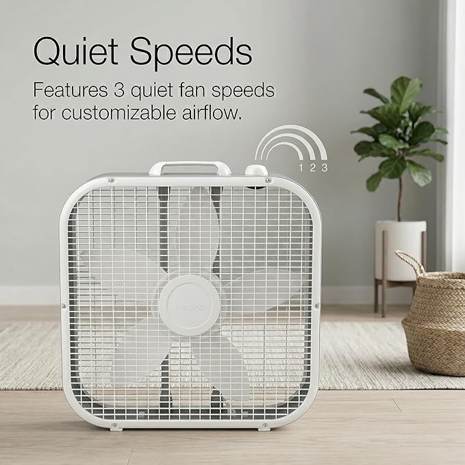 20-Inch Box Fan with Weather-Resistant Motor, 3-Speed Floor and Window Cooling Fan with Plastic Frame, Portable Carry Handle, 72-Inch Cord for Bedroom, Garage, Dorm, White