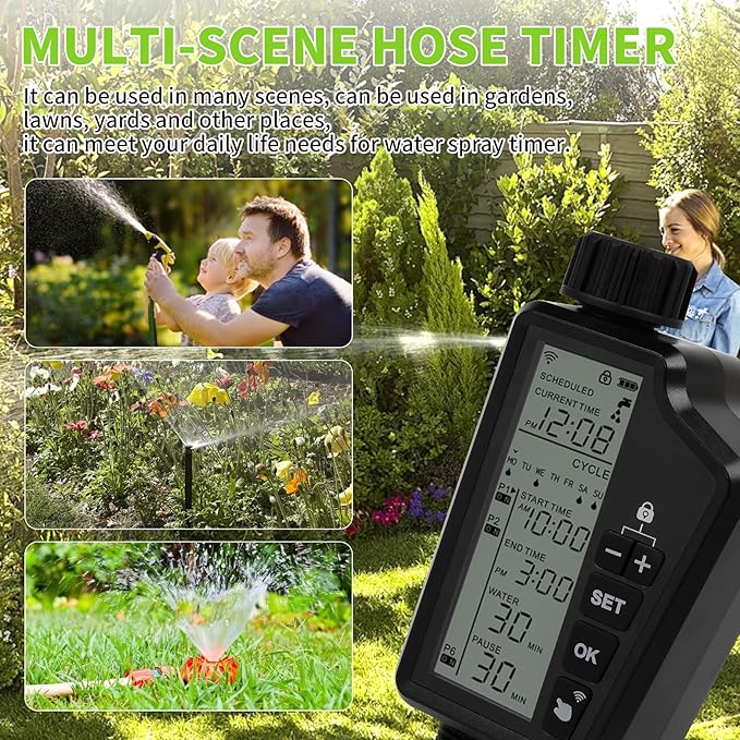 Smart Water Timer for Garden Hose, Programmable Sprinkler Timer with Rain Delay, Manual and Automatic Irrigation System, Child Lock, IP54 Waterproof, for Lawn Yard Garden Watering, 1 Outlet